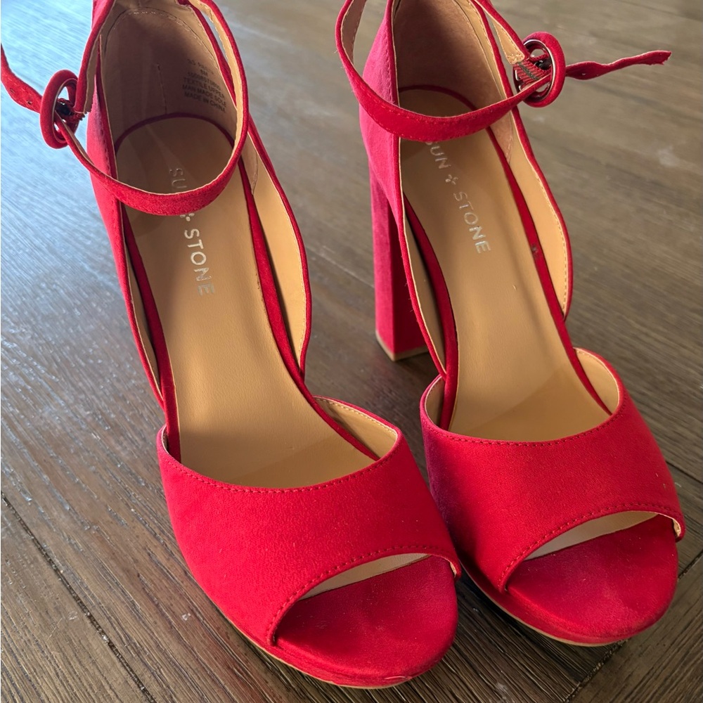 Sun + Stone Vibrant Red Open-Toe Heels